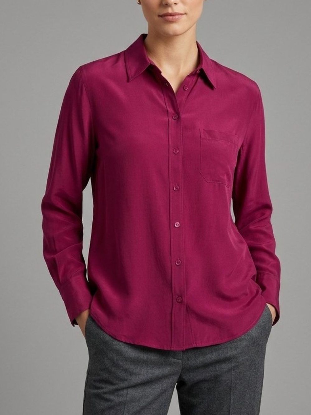 Women's Magenta Silk Button-Down Shirt with Chest Pocket
